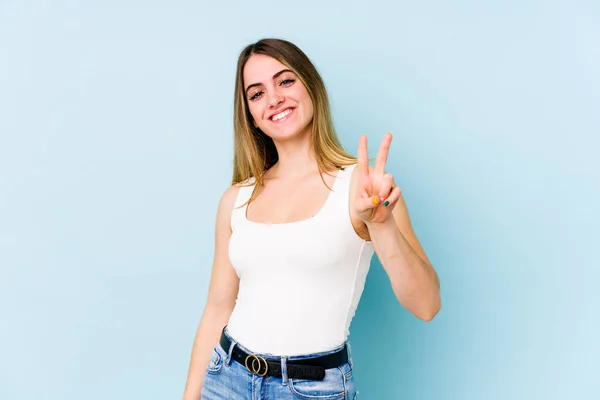 Young Caucasian Woman Isolated Blue Background Showing Victory Sign Smiling — Stock Photo, Image