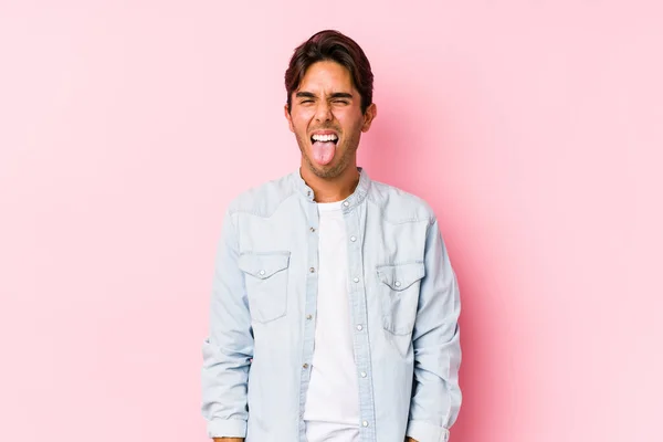 Young Caucasian Man Posing Pink Background Isolated Funny Friendly Sticking — Stock Photo, Image