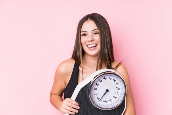 Young Caucasian Sporty Woman Holding Scale — Stock Photo, Image