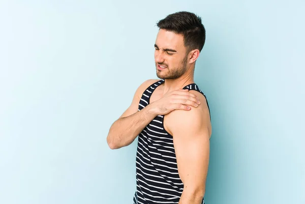 Joven Hombre Caucásico Aislado Sobre Fondo Azul Que Tiene Dolor — Foto de Stock