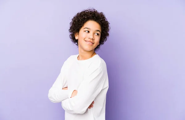 African American Little Boy Isolated Looks Aside Smiling Cheerful Pleasant — Stock Photo, Image