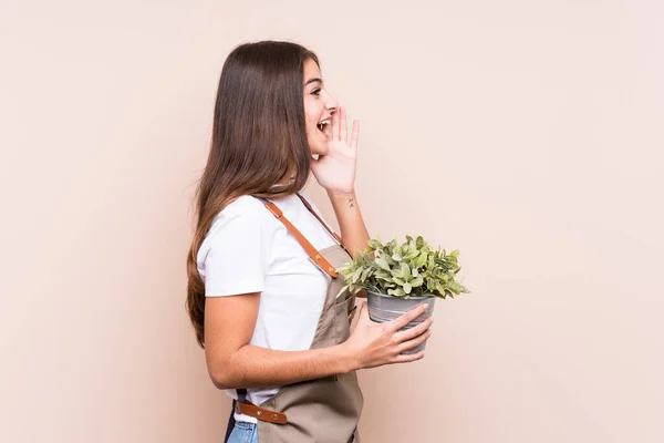 Mladý Zahradník Běloška Žena Drží Rostlina Izolovanýkřičí Drží Dlaň Blízkosti — Stock fotografie