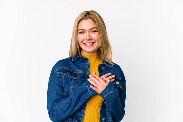 Ung Blondine Kaukasiske Kvinde Isoleret Har Venlige Udtryk Trykke Palme - Stock-foto