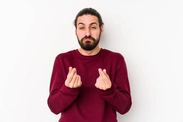 Jonge Lange Haar Man Geïsoleerd Een Witte Achtergrond Waaruit Blijkt — Stockfoto