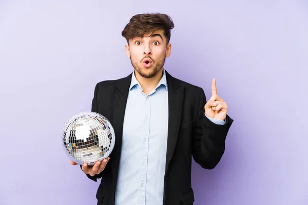 Young Arabian Man Holding Party Ball Isolated Having Some Great — Stock Photo, Image