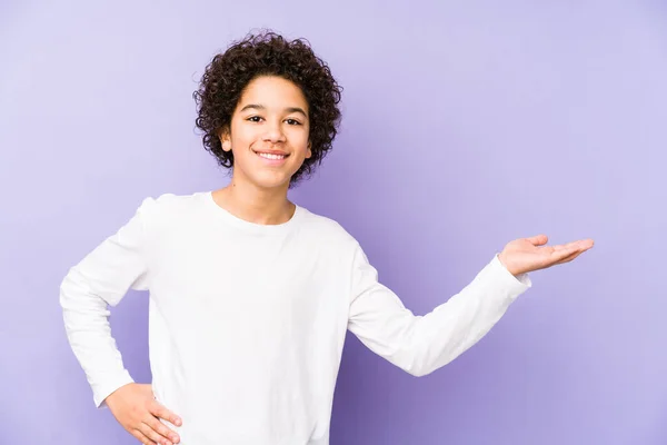 African American Little Boy Isolated Showing Copy Space Palm Holding — Stock Photo, Image