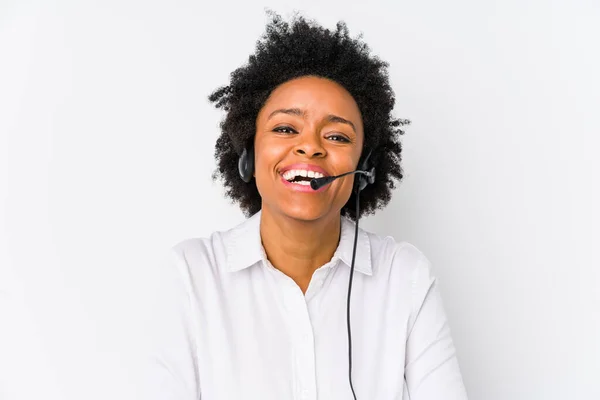 Jonge Afrikaanse Amerikaanse Telemarketer Vrouw Geïsoleerd Lachen Plezier Hebben — Stockfoto