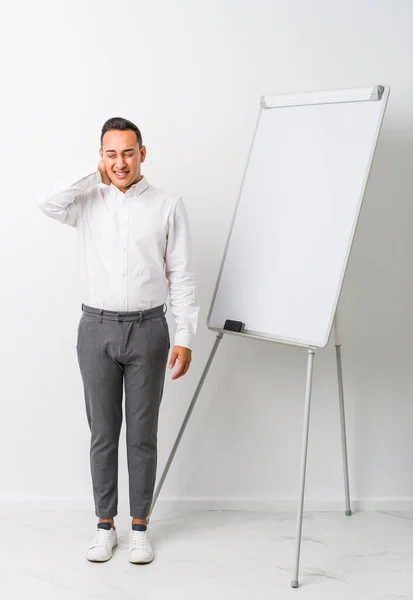 Young Latin Coaching Man Whiteboard Isolated Suffering Neck Pain Due — Stock Photo, Image
