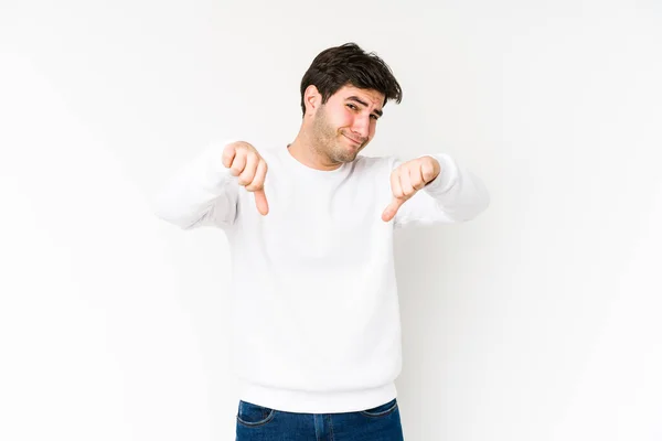 Young Man Isolated White Background Showing Thumb Disappointment Concept — Stock Photo, Image