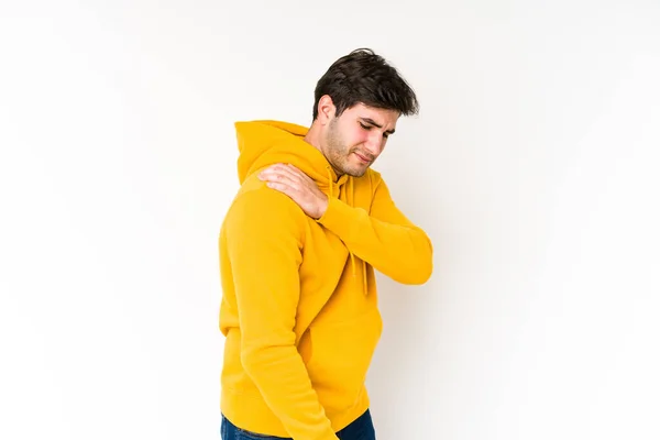 Young Man Isolated White Background Having Shoulder Pain — Stock Photo, Image