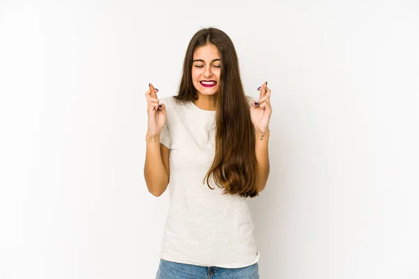 Young Caucasian Woman Isolated White Background Crossing Fingers Having Luck — Stock Photo, Image