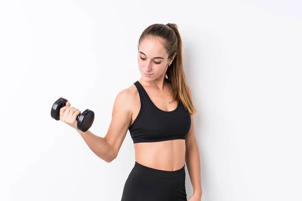 Jonge Kaukasische Sportieve Vrouw Met Een Halter — Stockfoto