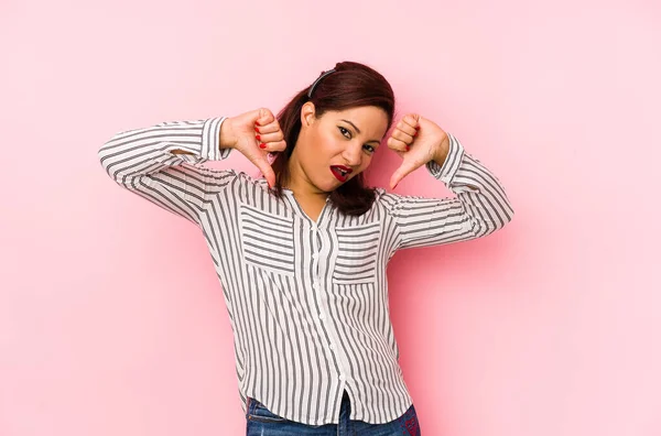 Middle Age Latin Woman Isolated Pink Background Showing Thumb Expressing — Stock Photo, Image