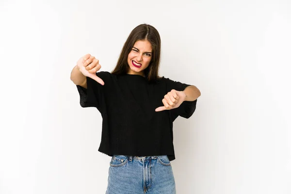 Jonge Blanke Vrouw Geïsoleerd Witte Achtergrond Tonen Duim Naar Beneden — Stockfoto