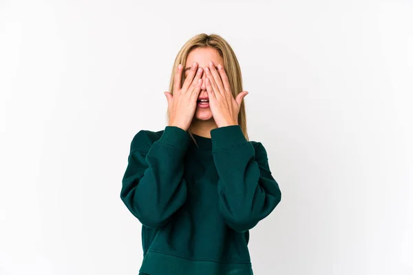 Young Blonde Caucasian Woman Isolated Afraid Covering Eyes Hands — Stock Photo, Image