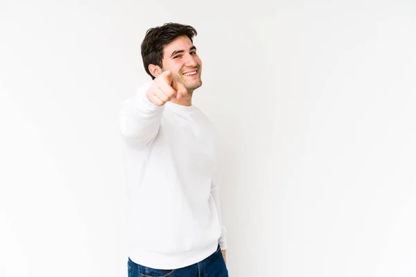 Jeune Homme Isolé Sur Fond Blanc Pointant Vers Avant Avec — Photo