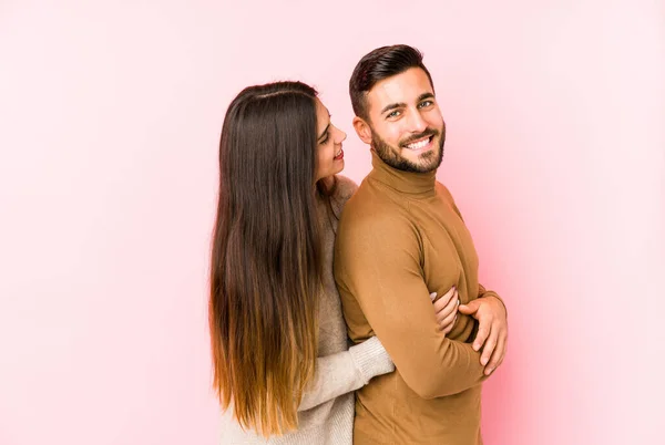 Young Caucasian Couple Isolated Looks Aside Smiling Cheerful Pleasant — Stock Photo, Image