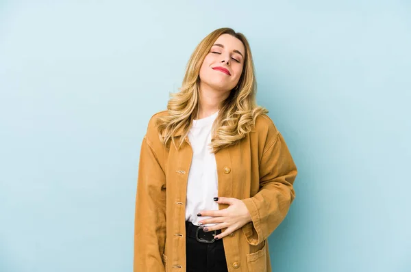 Young Blonde Pretty Woman Isolated Touches Tummy Smiles Gently Eating — Stock Photo, Image