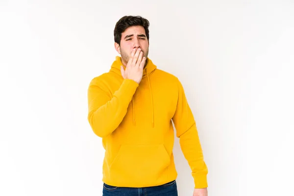 Joven Aislado Sobre Fondo Blanco Bostezando Mostrando Gesto Cansado Cubriendo —  Fotos de Stock