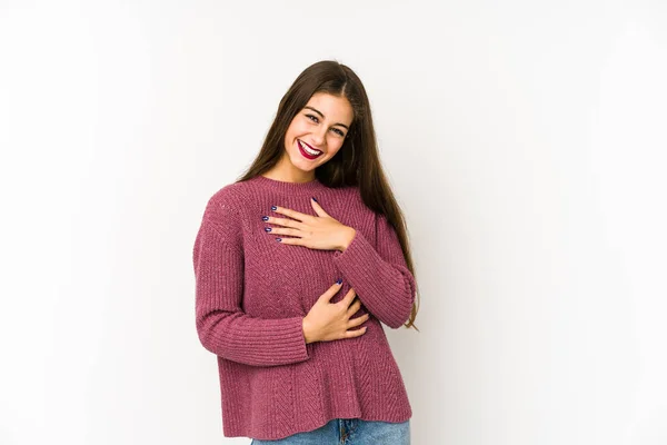 Joven Mujer Caucásica Aislada Sobre Fondo Blanco Ríe Felizmente Divierte — Foto de Stock