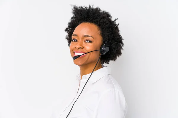 Young African American Telemarketer Woman Isolated Looks Aside Smiling Cheerful — Stock Photo, Image