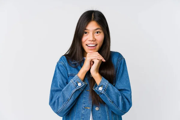 Joven Mujer Asiática Rezando Por Suerte Asombrada Con Boca Abierta —  Fotos de Stock