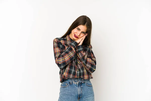 Young Caucasian Woman Isolated White Background Yawning Showing Tired Gesture — Stock Photo, Image