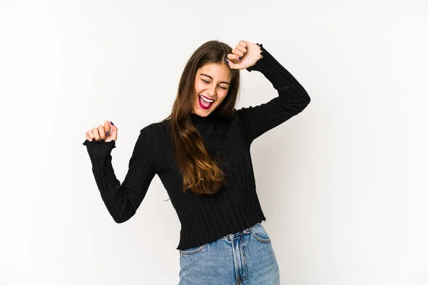 Young Caucasian Woman Isolated White Background Celebrating Special Day Jumps — Stock Photo, Image