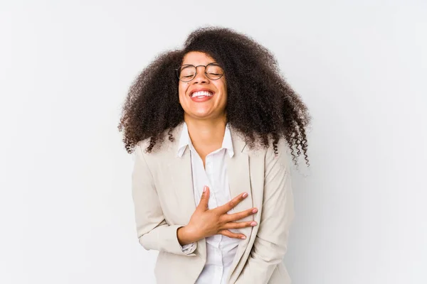 Young African American Business Woman Laughs Happily Has Fun Keeping — Stock Photo, Image