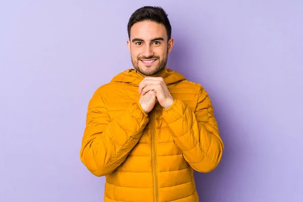 Young Caucasian Man Isolated Purple Background Keeps Hands Chin Looking — Stock Photo, Image