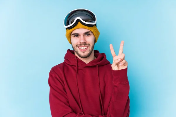 Jovem Caucasiano Vestindo Uma Roupa Esqui Isolado Mostrando Número Dois — Fotografia de Stock
