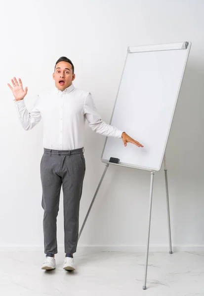 Young Latin Coaching Man Whiteboard Isolated Being Shocked Due Imminent — Stock Photo, Image