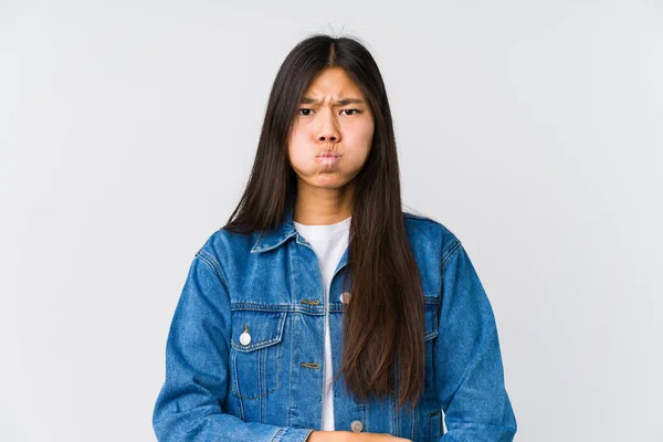Junge Asiatische Frau Bläst Wangen Hat Müde Miene Gesichtsausdruck — Stockfoto