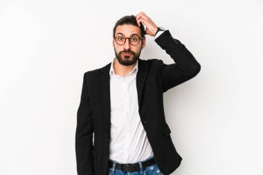 Beyaz bir arka planda izole genç beyaz iş adamı şok, o önemli bir toplantı hatırladı.