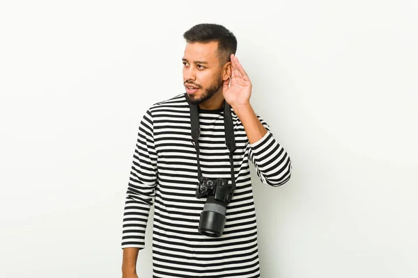 Young South Asian Photographer Trying Listening Gossip — Stock Photo, Image