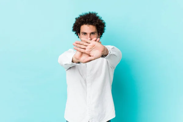 Young Curly Mature Man Wearing Elegant Shirt Doing Denial Gesture — Stock Photo, Image