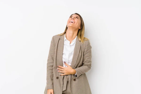 Young Caucasian Business Woman Isolated Relaxed Happy Laughing Neck Stretched — Stock Photo, Image