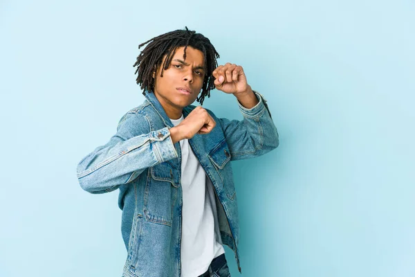 Young Black Man Wearing Jeans Jacket Throwing Punch Anger Fighting — Stock Photo, Image