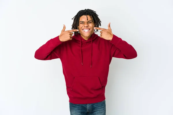 Young African American Rasta Man Smiles Pointing Fingers Mouth — Stock Photo, Image