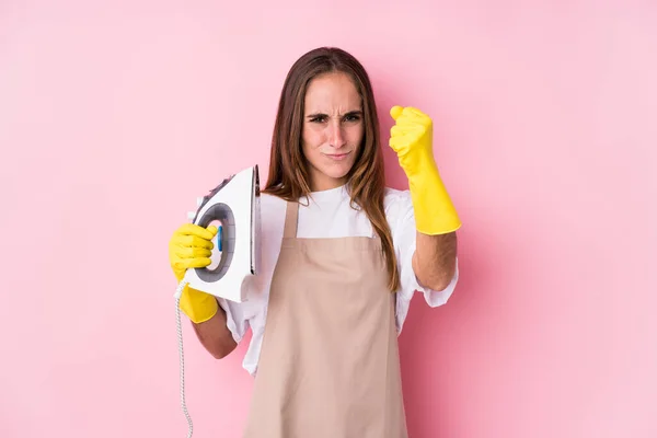 Young Caucasian Woman Clothes Iron Isolated Showing Fist Camera Aggressive — Stock Photo, Image