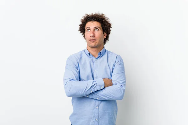 Young Curly Mature Man Wearing Elegant Shirt Tired Repetitive Task — Stock Photo, Image