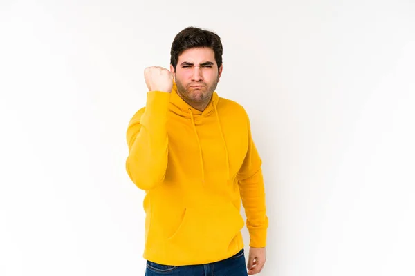 Young Man Isolated White Background Showing Fist Camera Aggressive Facial — Stock Photo, Image