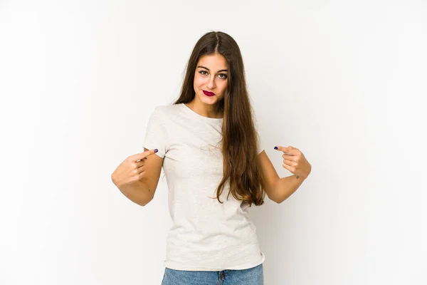 Young Caucasian Woman Isolated White Background Person Pointing Hand Shirt — Stock Photo, Image