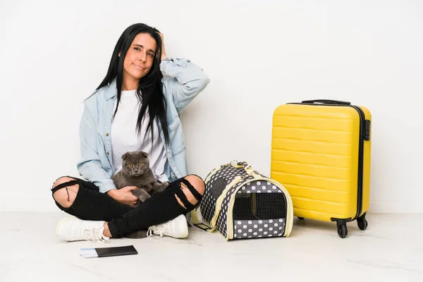 Traveler Woman Her Cat Isolated White Background Being Shocked She — Stock Photo, Image