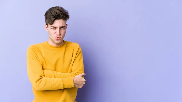 Young Caucasian Man Isolated Purple Background Frowning Face Displeasure Keeps — Stock Photo, Image