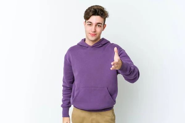 Young Caucasian Man Isolated White Background Stretching Hand Camera Greeting — Stock Photo, Image