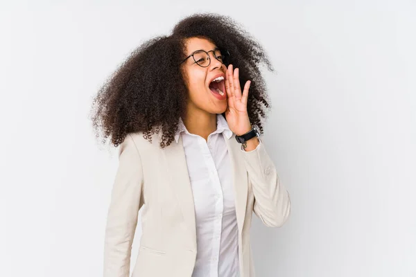 Young African American Business Woman Shouting Holding Palm Opened Mouth — Stock Photo, Image