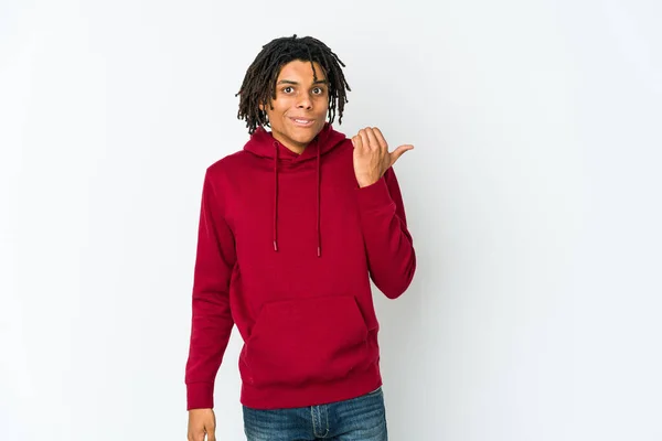 Young African American Rasta Man Shocked Pointing Index Fingers Copy — Stock Photo, Image