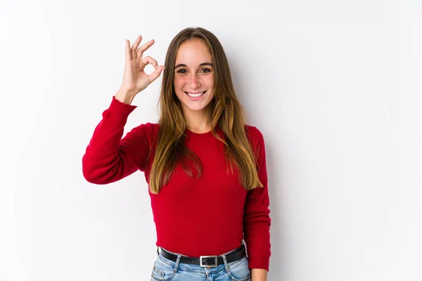 Young Caucasian Woman Posing Isolated Cheerful Confident Showing Gesture — Stock Photo, Image