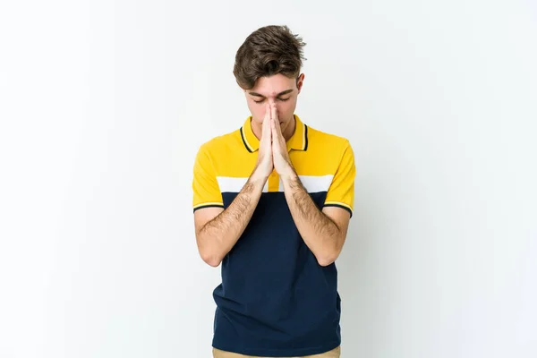 Young Caucasian Man Isolated White Background Praying Showing Devotion Religious — Stock Photo, Image